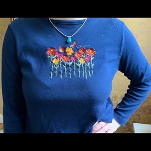 Navy, flower embroidered, long sleeve shirt!